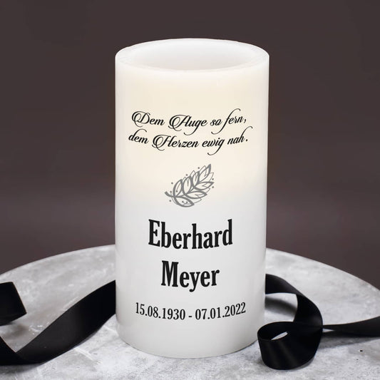 Tröstender Spruch auf Trauerkerze mit Personalisierung