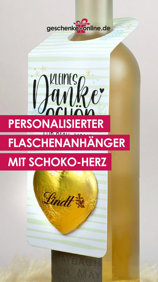 Personalisierter Flaschenanhänger mit Lindt Schokoladenherz als Dankeschön-Geschenk