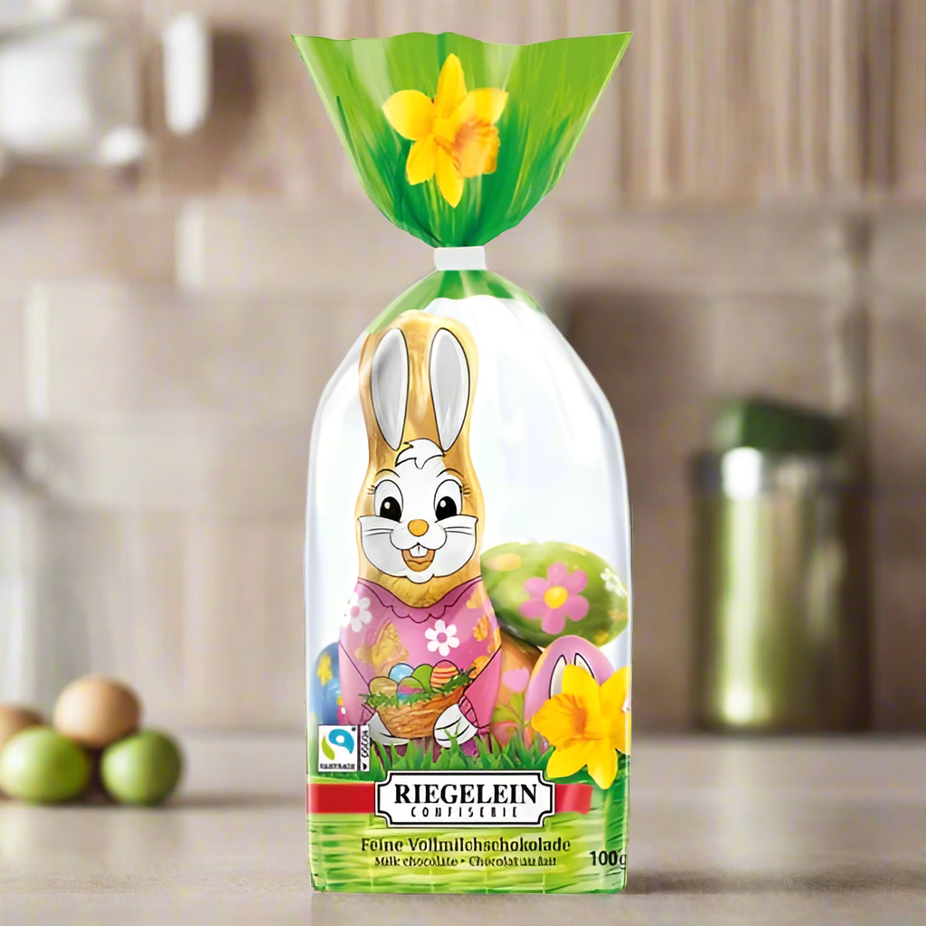 Riegelein Oster-Mischbeutel 100g stehend vor einem braunen Hintergrund