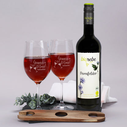 Biorebe Wein mit zwei Rotweingläsern und Weinbutler im Set | Geschenk für Paare