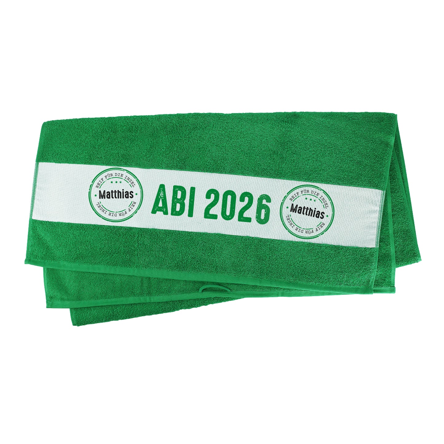 Grünes Abi Badetuch mit Name - Reif für die Insel - freigestellt auf weißem Hintergrund