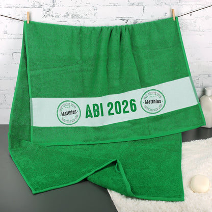 Grünes Abi Badetuch mit Name - Reif für die Insel