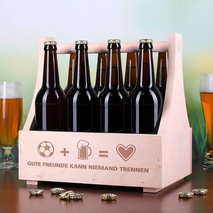 Bierflaschenträger für Fußballfans graviert mit Piktogrammen und Wunschtext