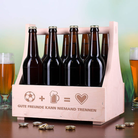 Bierflaschenträger für Fußballfans graviert mit Piktogrammen und Wunschtext