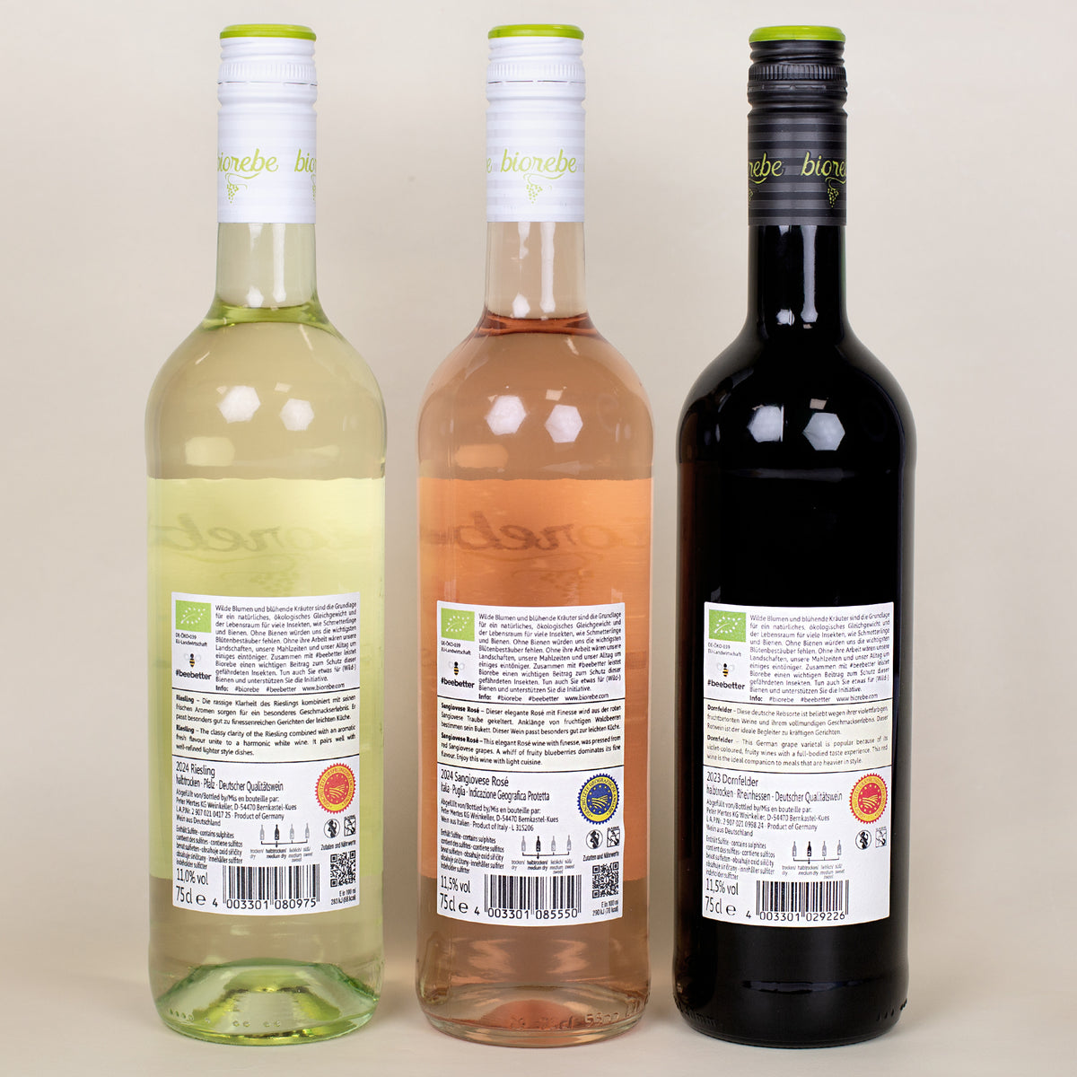 Rückseiten-Etiketten der drei Biorebe-Weine: Riesling 2024, Sangiovese Rosé 2024 und Dornfelder 2023