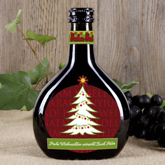 Bocksbeutel mit weihnachtlichem Etikett und Ihrem Wunschtext