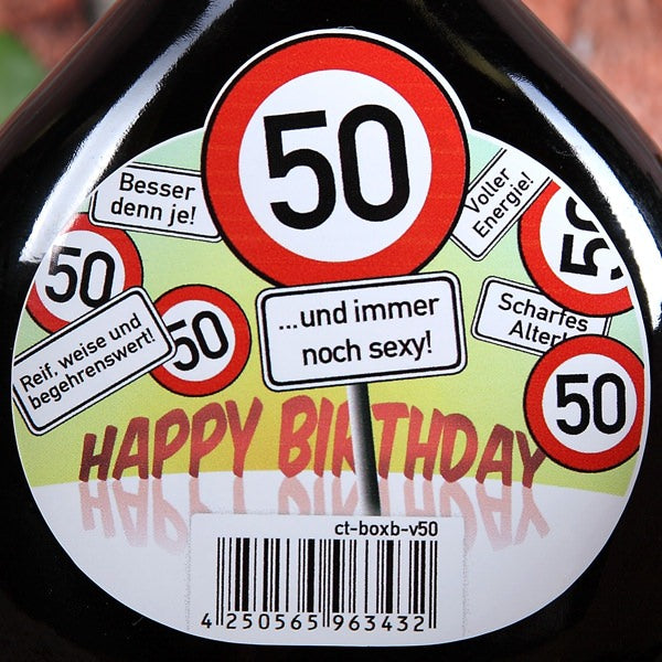 Boxbeutel Wein zum 50. Geburtstag Detailbild