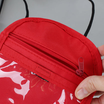 Roter Brustbeutel von innen mit Klarsichtfach, Reißverschlussfach und Klettflächen