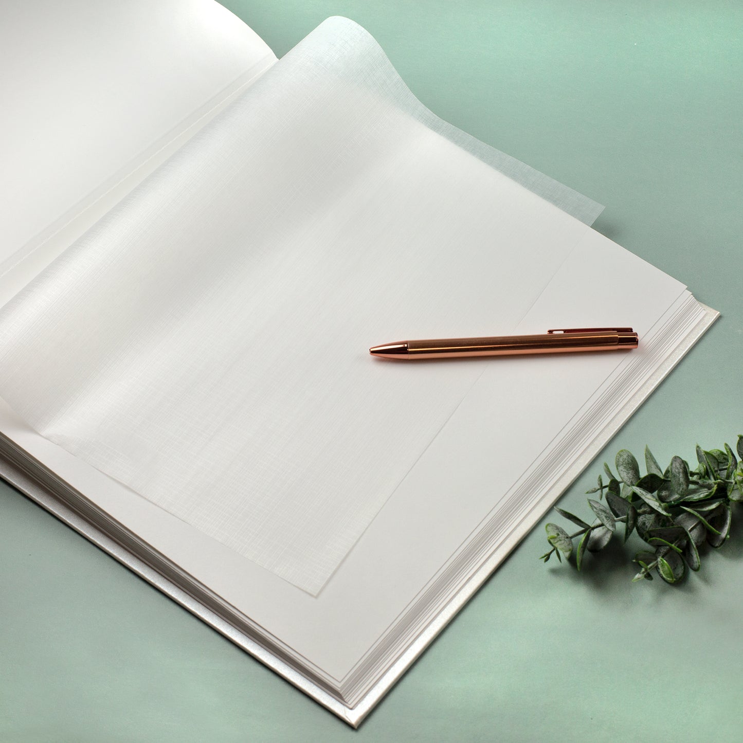 Leere Albumseite mit Pergaminpapier zum Schutz der Fotos im Hochzeitsalbum