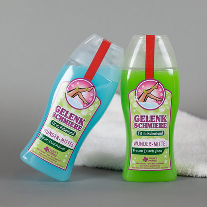 Beide Duschgel-Tuben nebeneinander mit gut lesbarem Etikett - Variante blau leicht gekippt