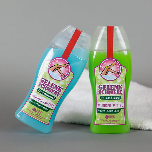 Beide Duschgel-Tuben nebeneinander mit gut lesbarem Etikett - Variante blau leicht gekippt