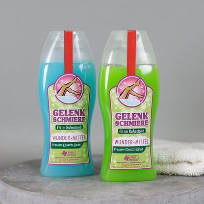 Beide Duschgel-Tuben von vorne nebeneinander mit gut lesbarem Etikett