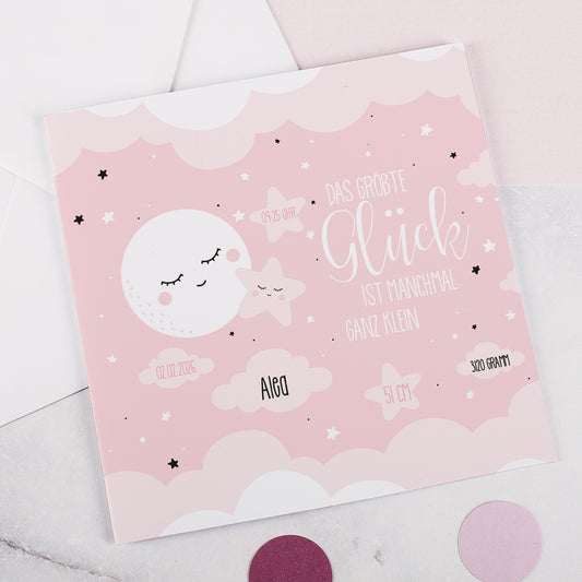 Personalisierte Klappkarte zur Geburt für Mädchen – Mond & Sterne | Glückwunschkarte & Geldgeschenk