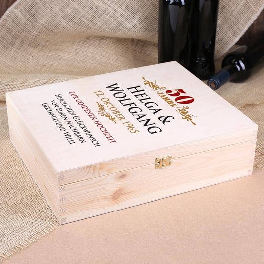 Geschenkverpackung aus Holz  mit persönlichem Aufdruck zur goldenen Hochzeit