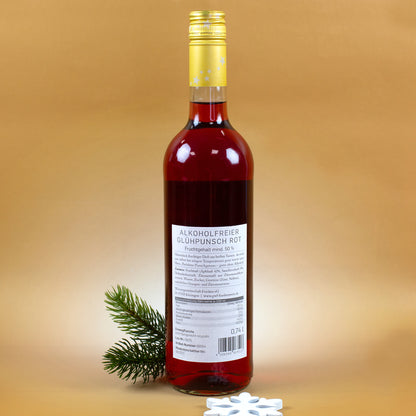 Rückansicht der 0,74 Liter Flasche alkoholfreier Glühpunsch Rot mit Zutaten- und Nährwertetikett