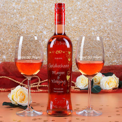 Goldhochzeits - Set mit Gläsern, Weinflasche und Ihren Wunschangaben als Gravur