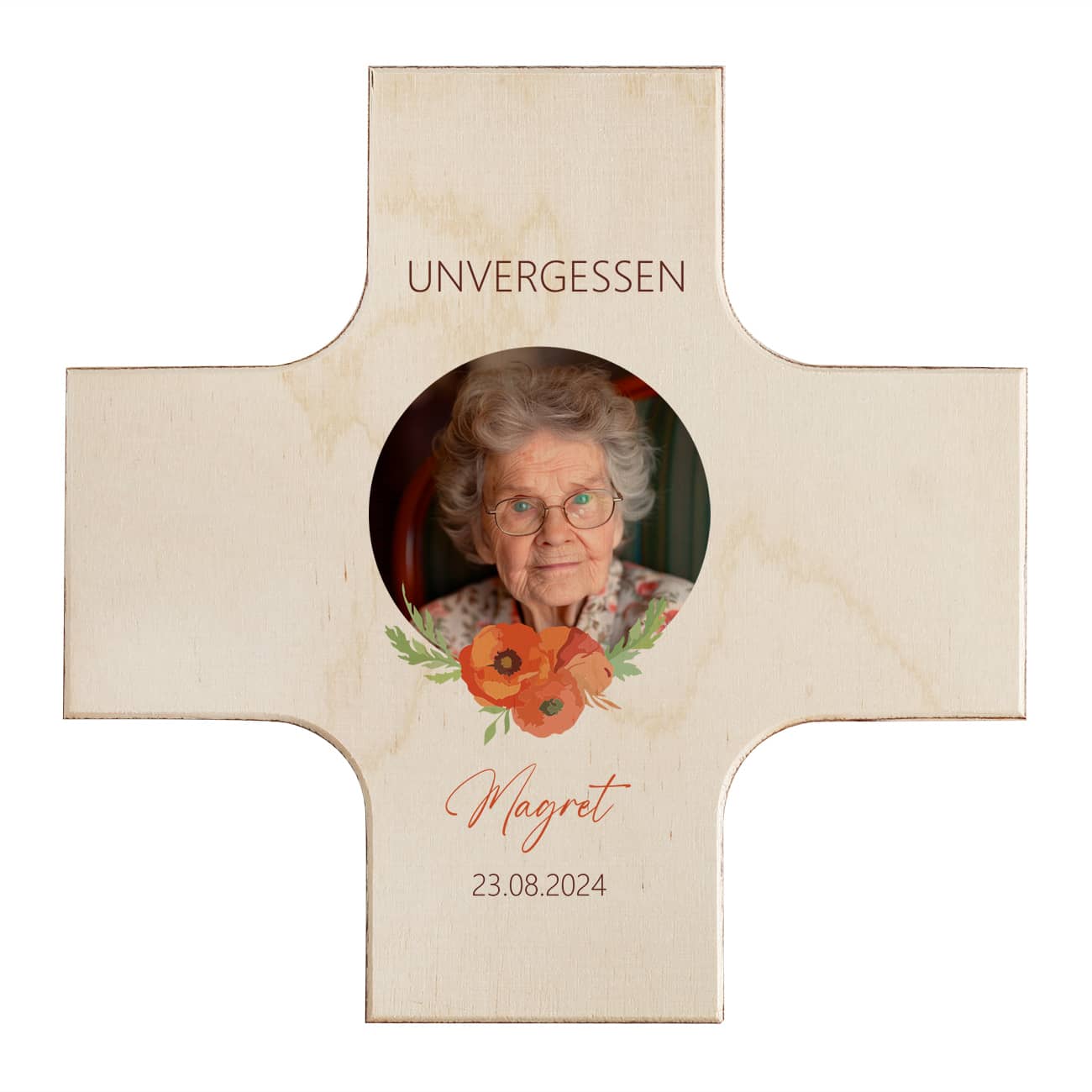 Holzkreuz Trauer mit Wunschfoto, Name und Datum