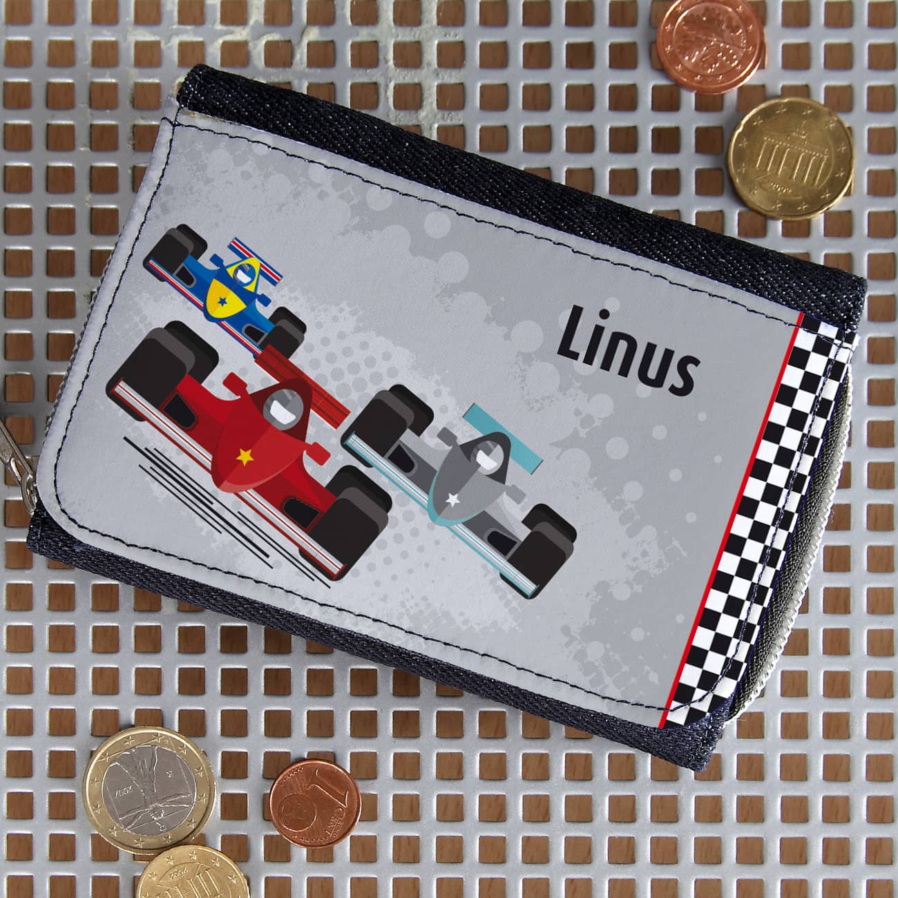Jeans-Geldbörse für Kinder mit Name und Rennwagen