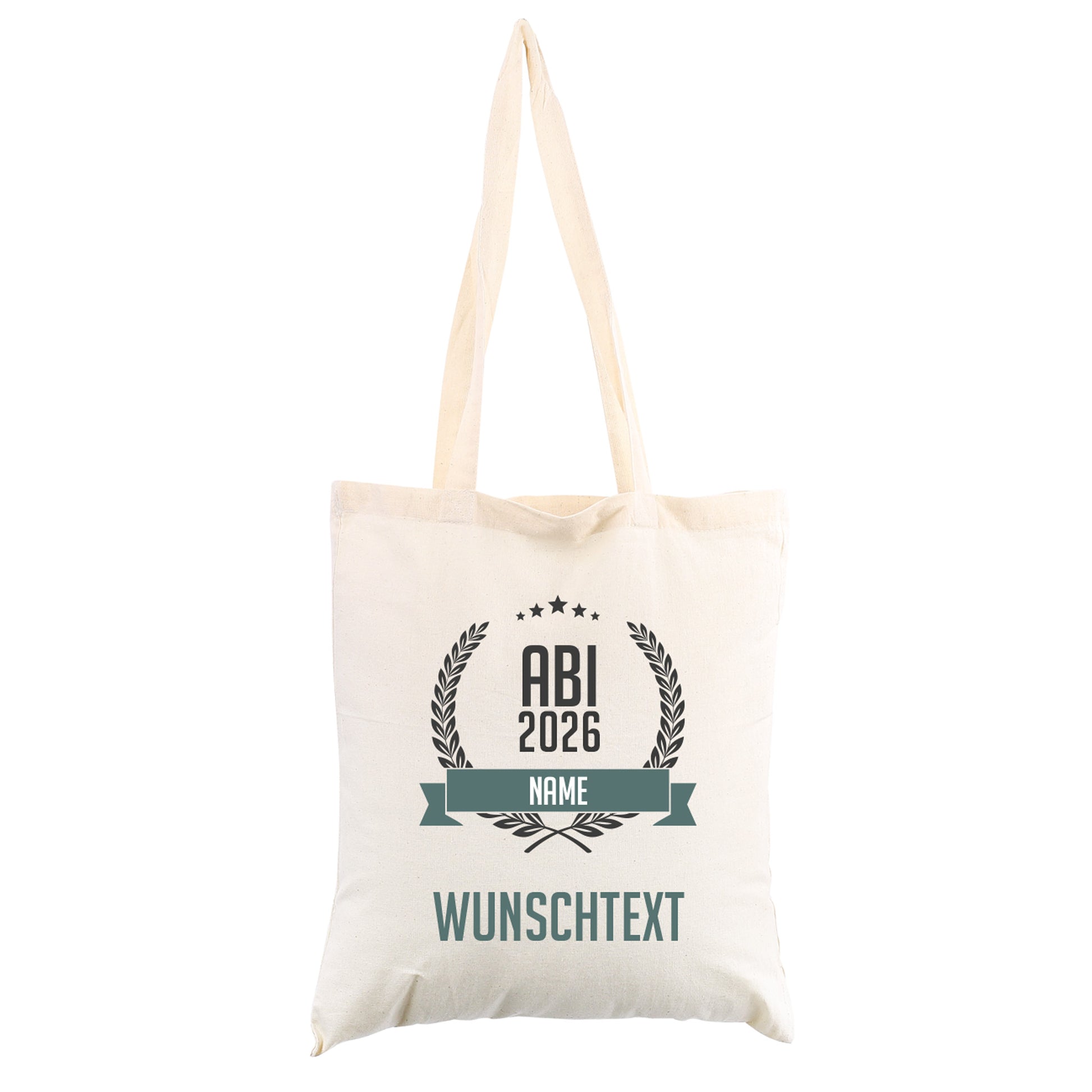 Beutel zum Abitur mit persönlichem Aufdruck freigestellt auf weißem Hintergrund