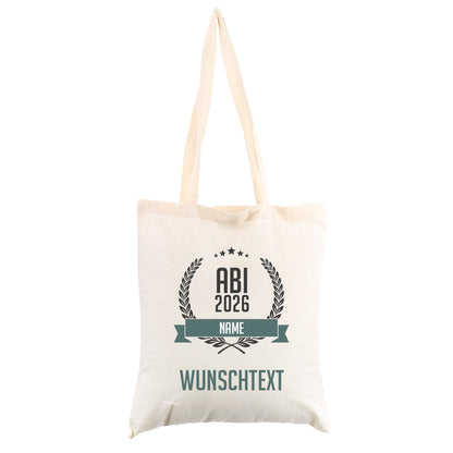 Beutel zum Abitur mit persönlichem Aufdruck freigestellt auf weißem Hintergrund