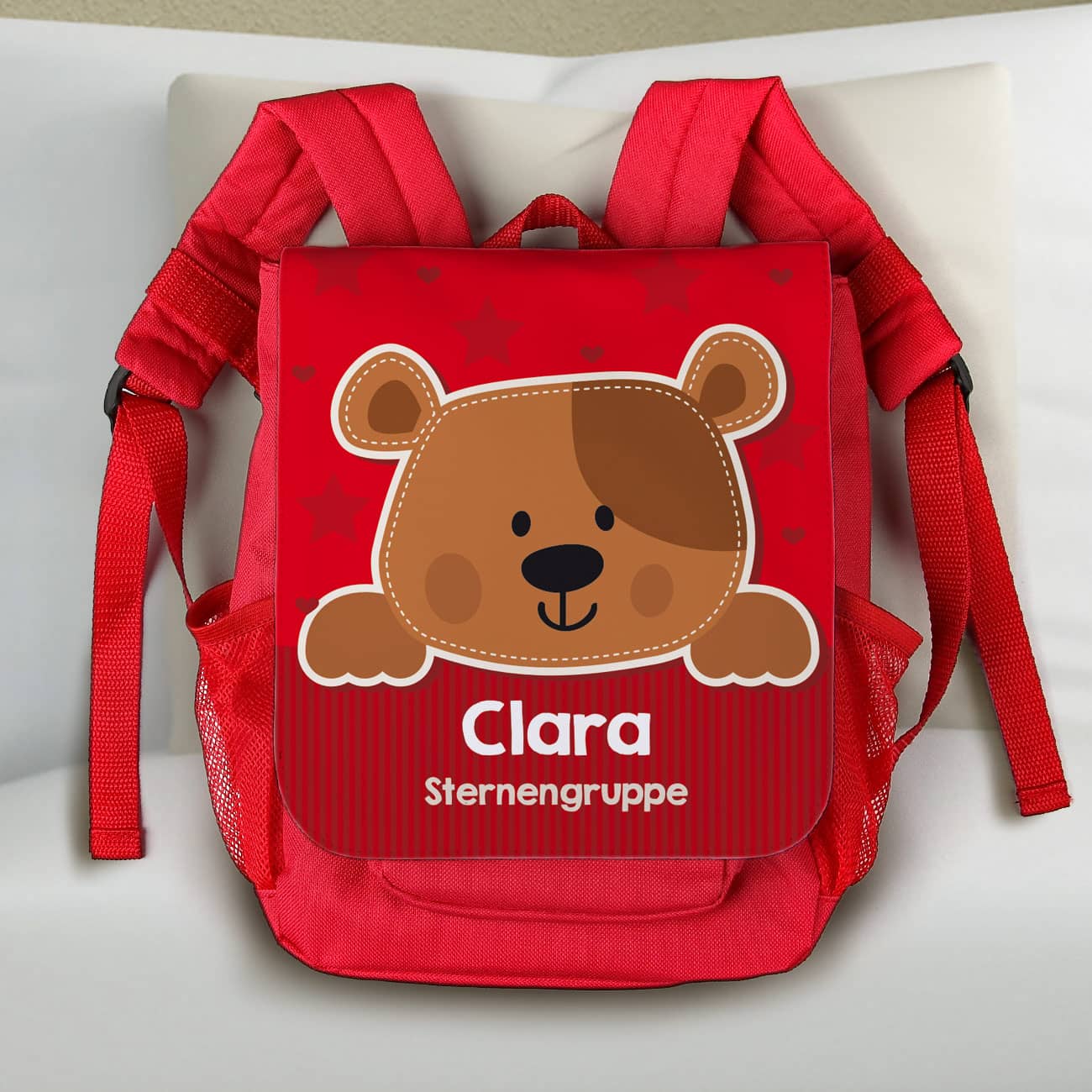 Kinderrucksack mit Teddy, Name des Kindes und Name der Kita-Gruppe