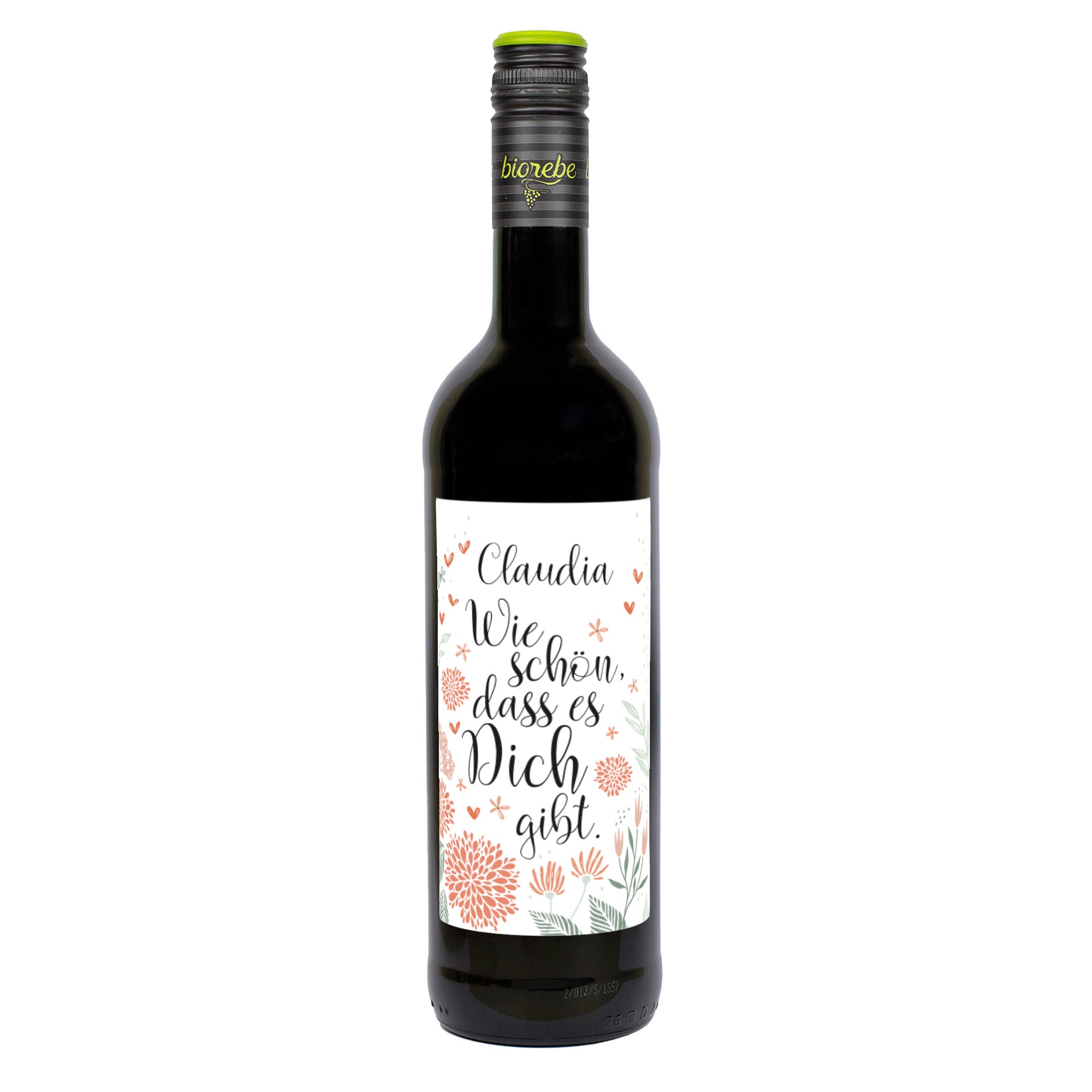Weinflasche Rotwein mit Floraldekor und Aufschrift „Wie schön, dass es Dich gibt“ – personalisiert mit Name