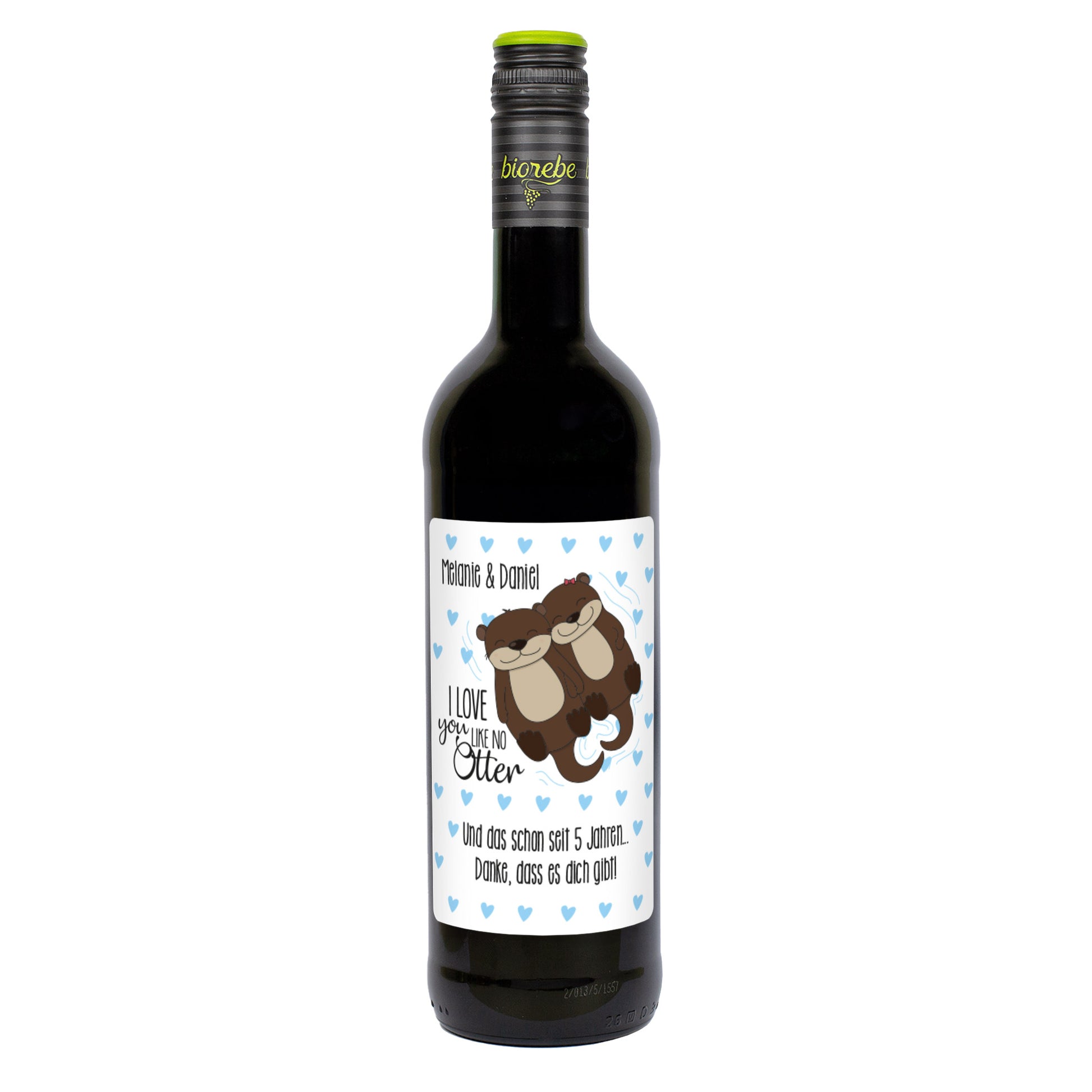 Rotweinflasche mit Otter-Design und Spruch „I love you like no Otter“, romantisches Präsent, personalisiert