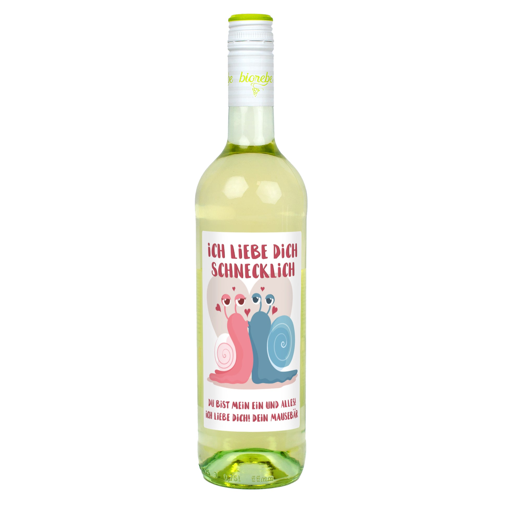 Weißweinflasche mit Etikett „Ich liebe dich schnecklich“, rosa und blaue Schnecke mit Herzchen