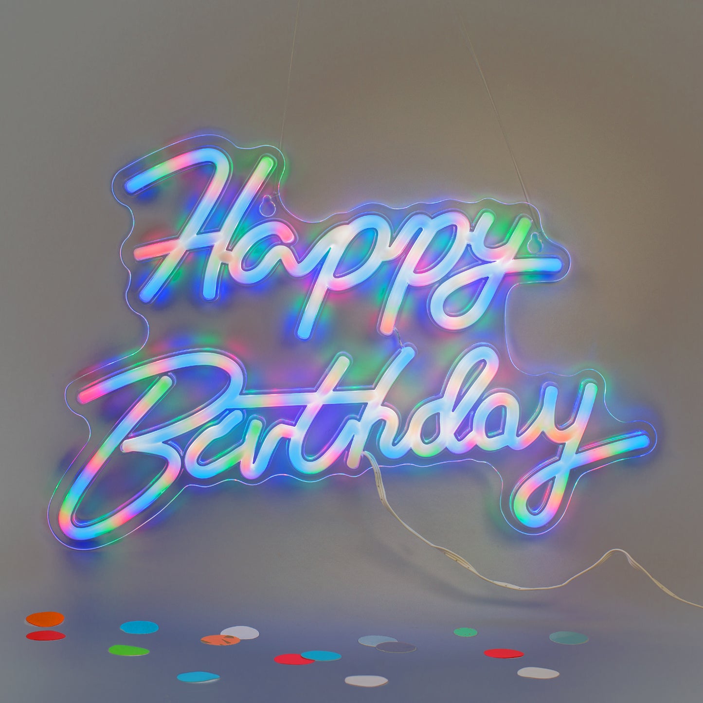 Happy Birthday Schild mit bunter RGB Beleuchtung in mehreren Farben