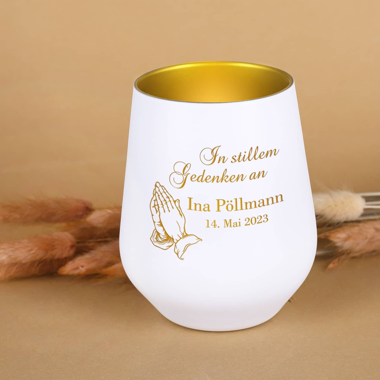 Trauerlicht in weiß-gold mit Trost spendenden Worten und Ihren Wunschangaben graviert