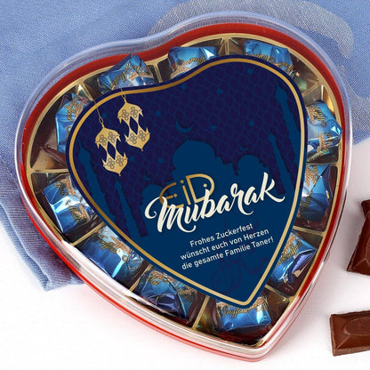 Pralinenherz Eid Mubarak in Dunkelblau mit Ihrem Text