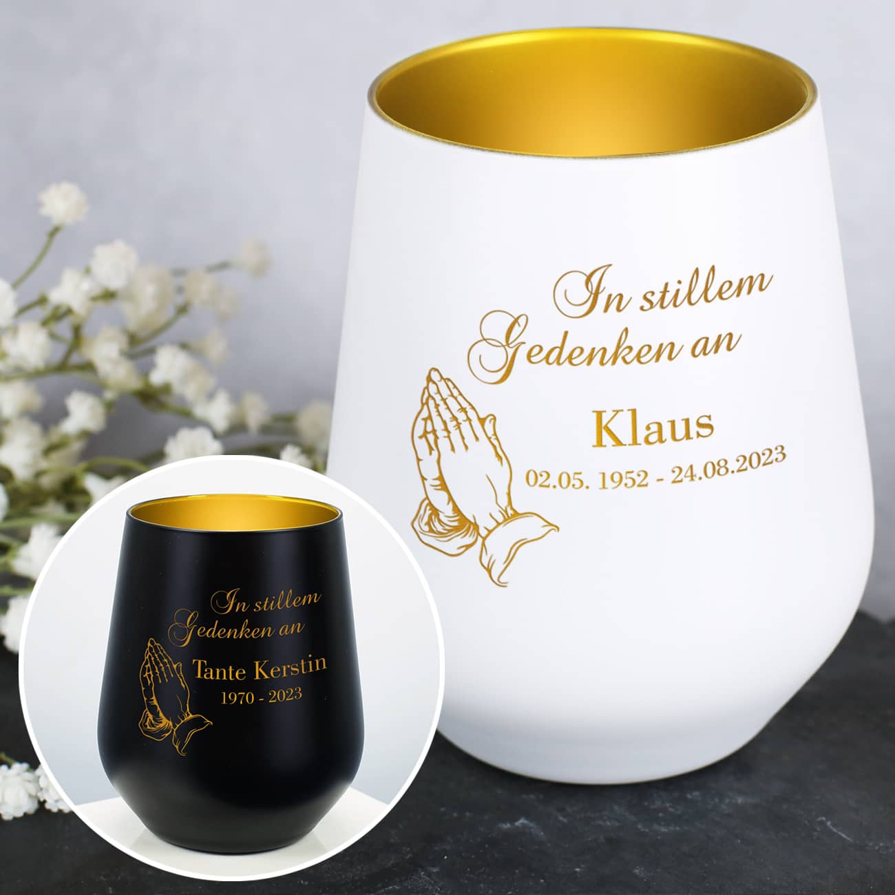 In stillem Gedenken an - Trauerlicht mit betenden Händen und Lebensdaten in Weiß oder Schwarz