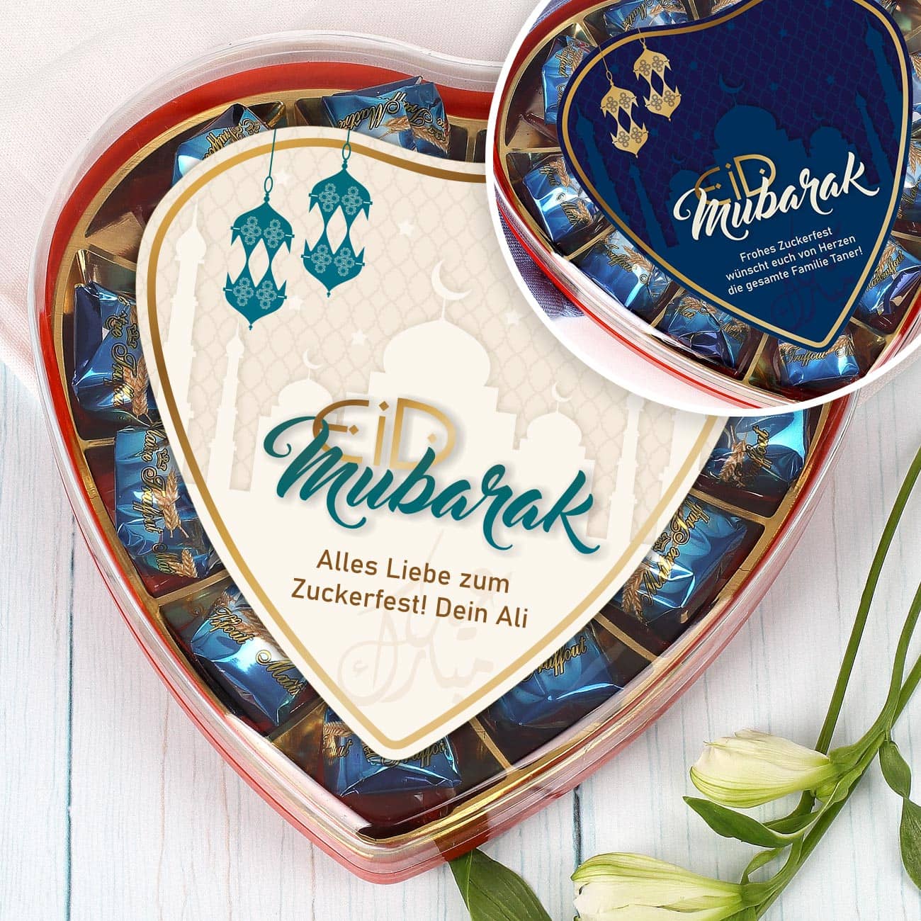 Personalisiertes Pralinenherz zum Zuckerfest mit Milchschokolade und Text personalisiert