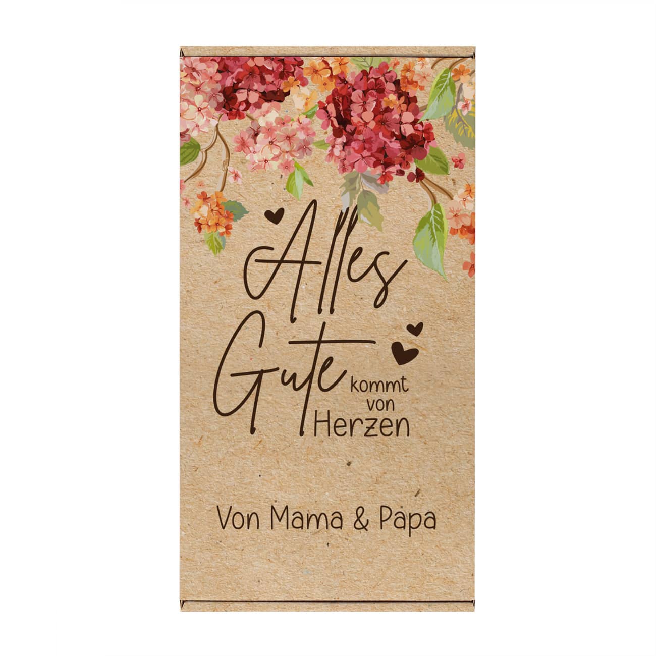Persönlich bedruckter Geschenkkarton für tolle Präsente mit Spruch, Hortensienblüten und Wunschtext