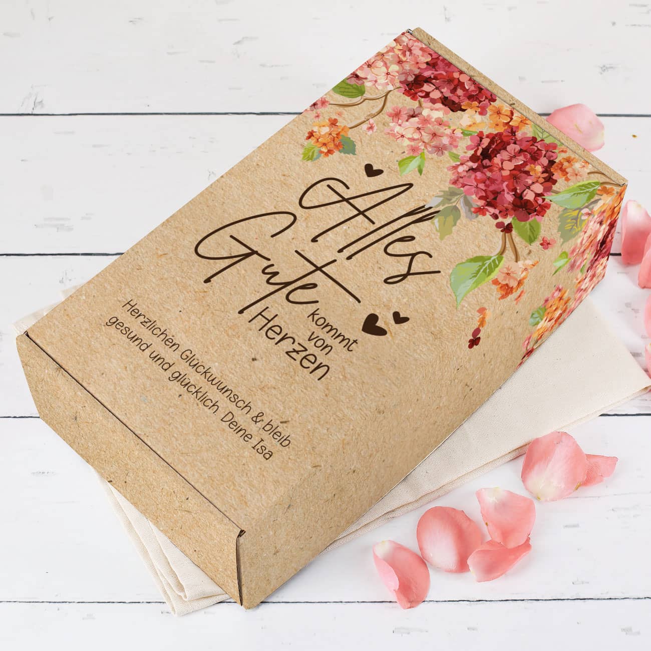 Geschenkkarton mit Hortensienblüten, Craft Paper Effekt und tollen Spruch