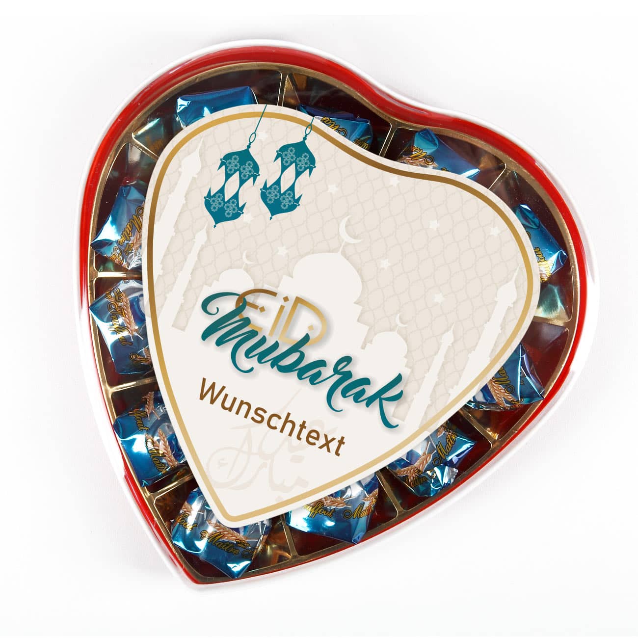 Mit personalisiertem Etikett auf Pralinenschachtel in Weiß