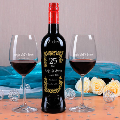 Personalisiertes Silberhochzeitsset mit Weinflasche und 2 Weingläsern