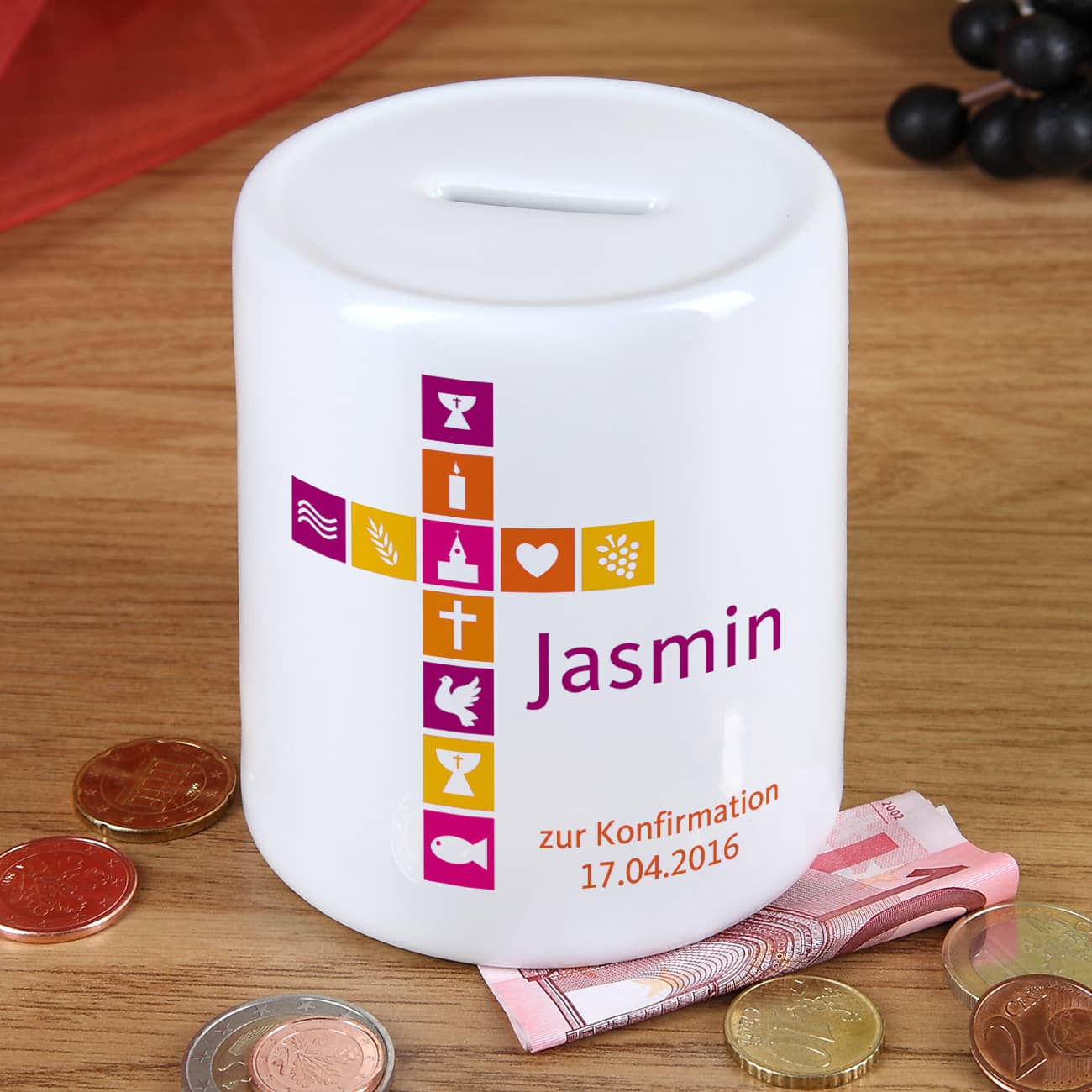 Spardose für Mädchen zur Taufe, Kommunion, Konfirmation mit Kreuz, Name und Wunschtext