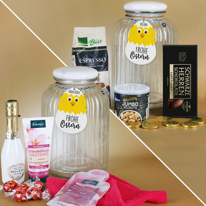Geschenkset zu Ostern in großer Glasdose mit süßem Kükenanhänger