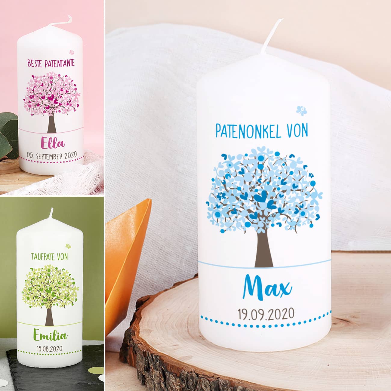 Patenkerze in 3 verschiedenen Farben