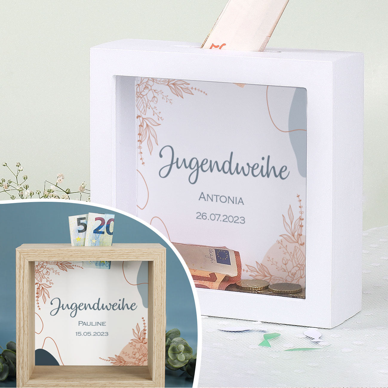 Bilderrahmenspardose zur Jugendweihe in zwei verschiedenen Farben