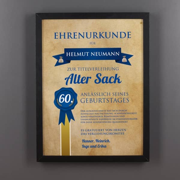 Ehrenurkunde Alter Sack