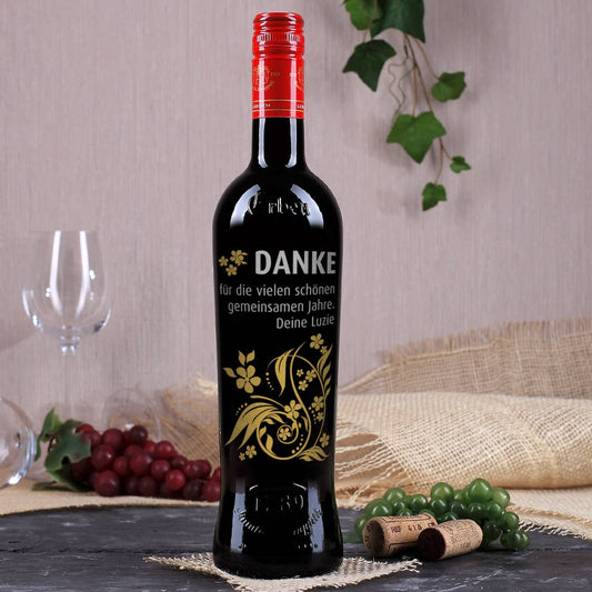 Weinflasche Danke mit floralem Design in silber und gold