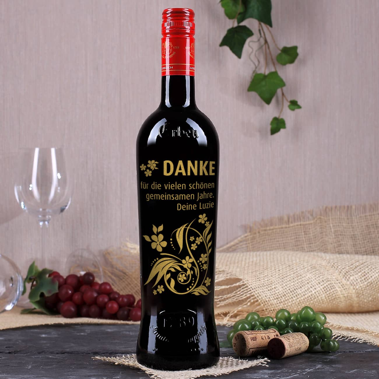 Weinflasche Danke mit floralem Design -in gold