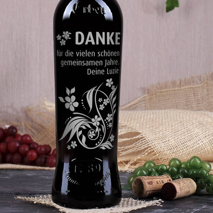 Weinflasche Danke mit floralem Design - Detailansicht in silber