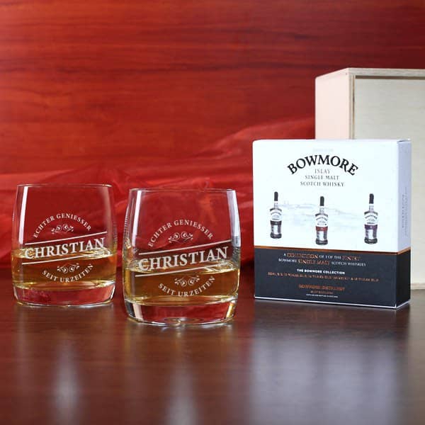 Whiskygläser mit Gravur und 3 Bowmore Whiskys