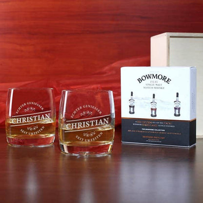Whiskygläser mit Gravur und 3 Bowmore Whiskys