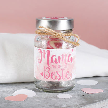 Einkochglas mit Herzbonbons für Mama zum Muttertag