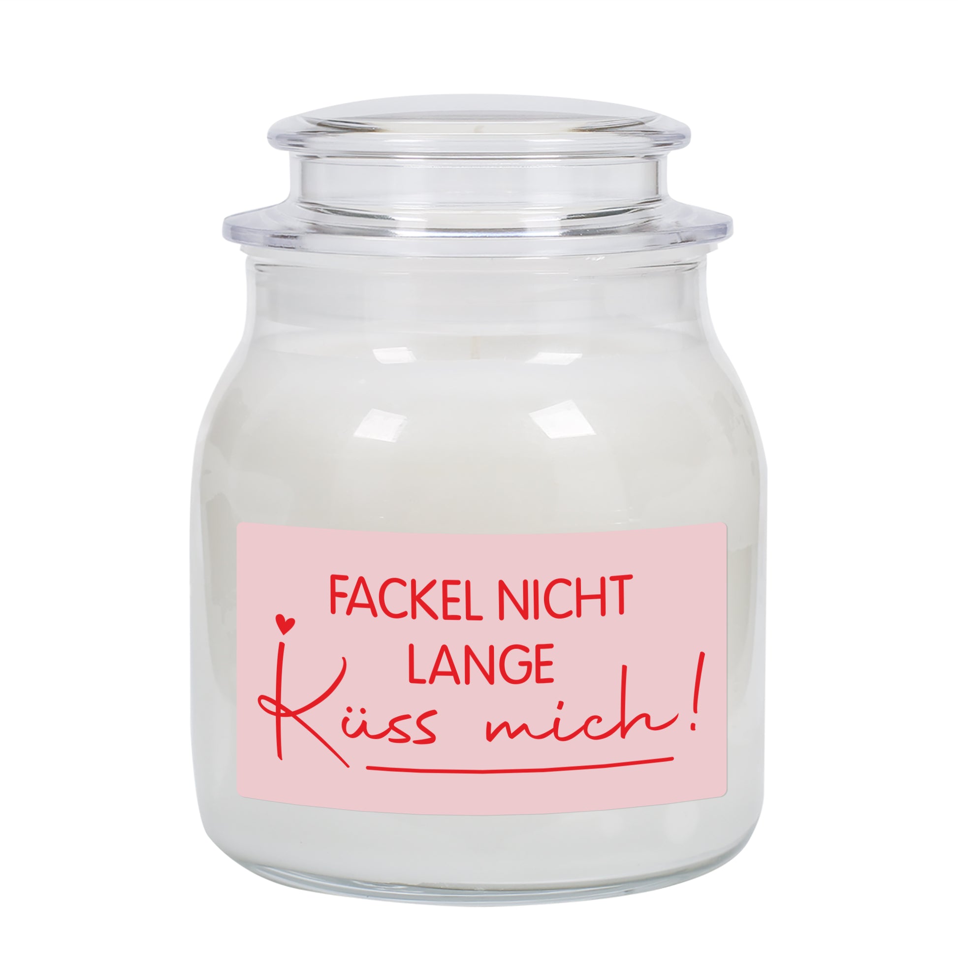 Detailaufnahme der weißen Duftkerze im Glas mit Arganöl-Wachs und romantischem Schriftzug