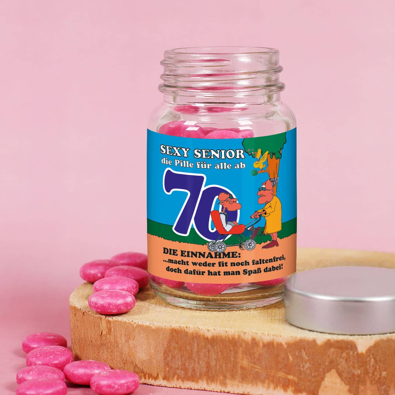 Sexy Senior Pille für Rentner ab 70 Jahren als Scherzgeschenk im Glas mit Schraubverschluss